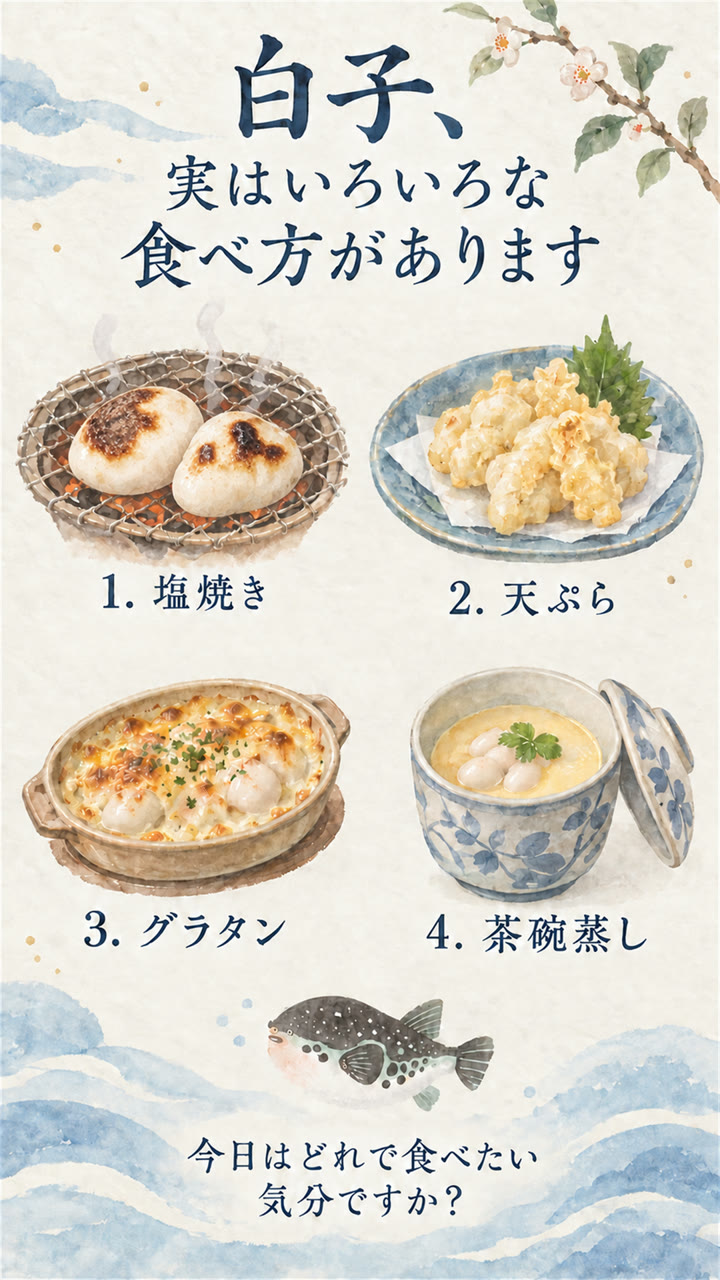 白子の食べ方4種(塩焼き・天ぷら・グラタン・茶碗蒸し)のイラスト